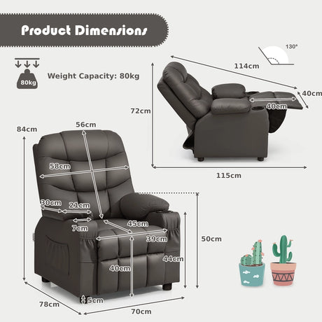PU Leather Kids Recliner Chair with Cup Holders and Side Pockets-Brown