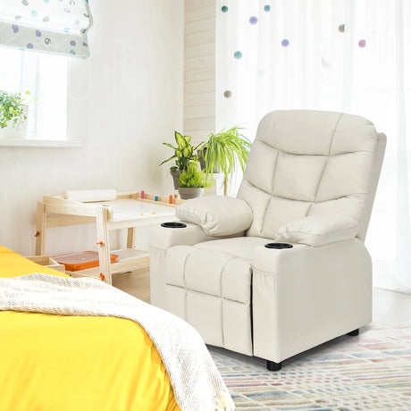 PU Leather Kids Recliner Chair with Cup Holders and Side Pockets-Beige