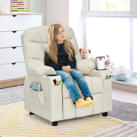 PU Leather Kids Recliner Chair with Cup Holders and Side Pockets-Beige