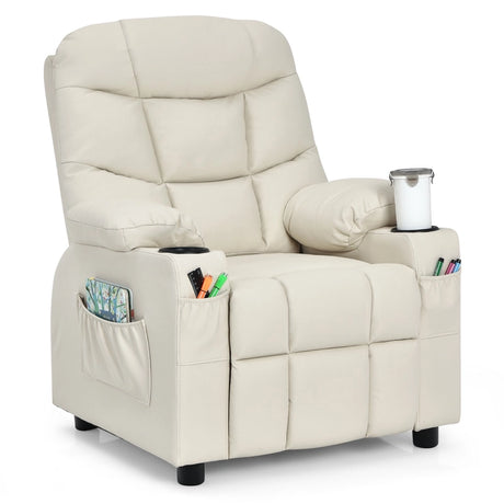 PU Leather Kids Recliner Chair with Cup Holders and Side Pockets-Beige