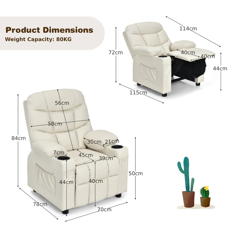 PU Leather Kids Recliner Chair with Cup Holders and Side Pockets-Beige
