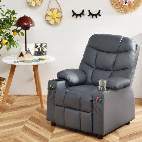 PU Leather Kids Recliner Chair with Cup Holders and Side Pockets-Gray
