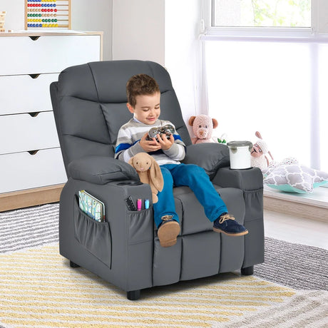 PU Leather Kids Recliner Chair with Cup Holders and Side Pockets-Gray
