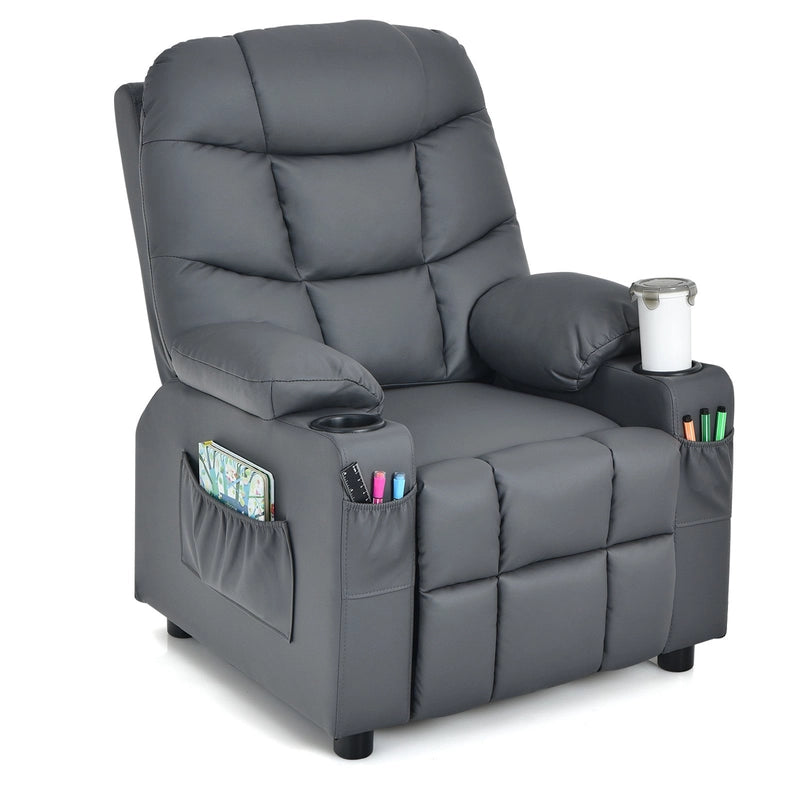 PU Leather Kids Recliner Chair with Cup Holders and Side Pockets-Gray
