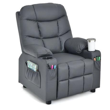 PU Leather Kids Recliner Chair with Cup Holders and Side Pockets-Gray
