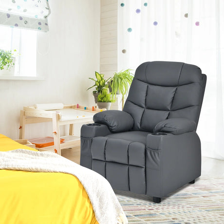 PU Leather Kids Recliner Chair with Cup Holders and Side Pockets-Gray