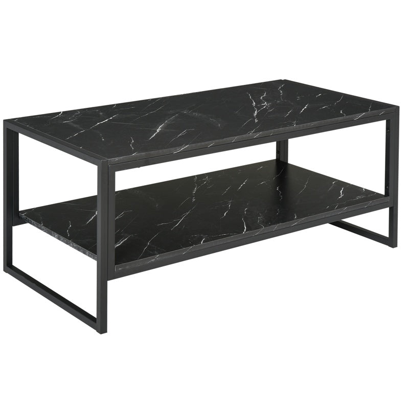 HOMCOM Coffee Table, Two-Tier Marble Centre Table with Metal Frame and Storage Shelf for Living Room, 106 x 50 x 45cm, Black