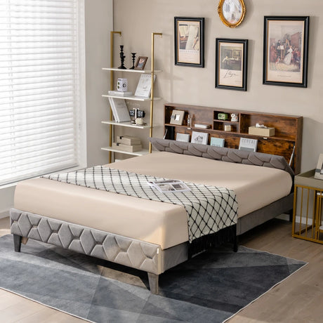 Single/Double Bed Frame with Storage Headboard and Slat Support-King Size