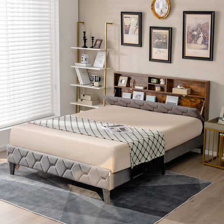 Single/Double Bed Frame with Storage Headboard and Slat Support-King Size