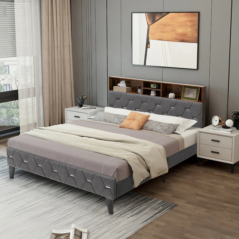 Single/Double Bed Frame with Storage Headboard and Slat Support-King Size