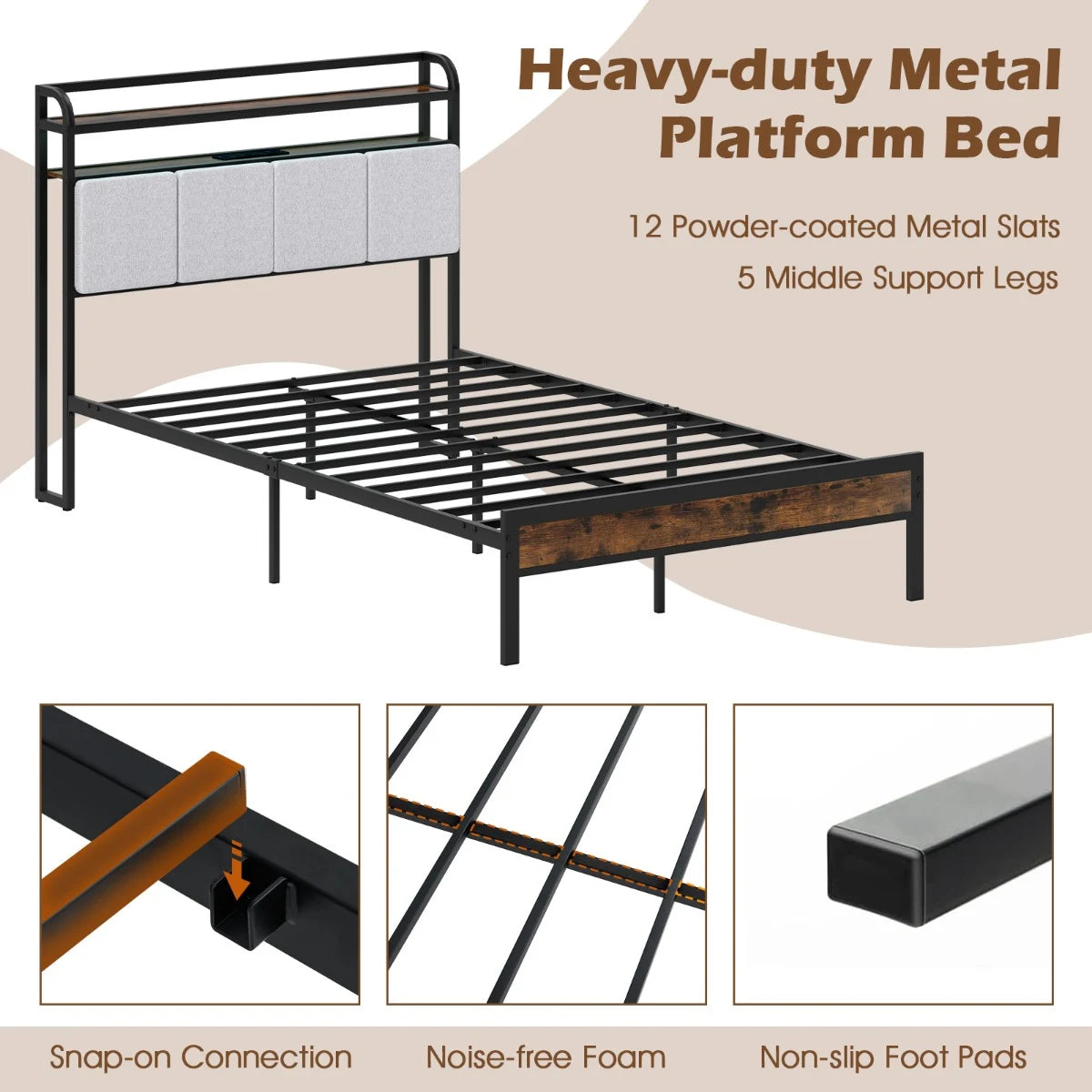 King Size Bed Frame with LED Light and Charging Station-Double Size