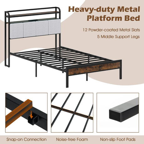 King Size Bed Frame with LED Light and Charging Station-Double Size