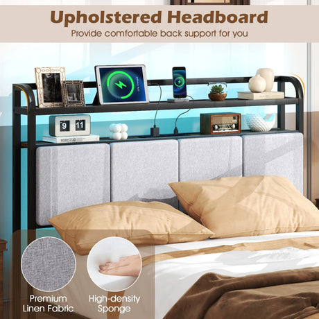 King Size Bed Frame with LED Light and Charging Station-Double Size