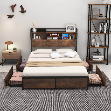 Queen/King Size Bed Frame with Bookcase Headboard and 4 Storage Drawers-King Size