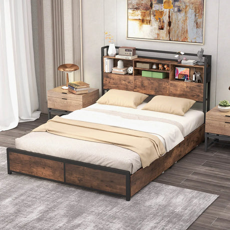 Queen/King Size Bed Frame with Bookcase Headboard and 4 Storage Drawers-King Size