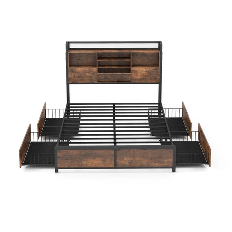 Queen/King Size Bed Frame with Bookcase Headboard and 4 Storage Drawers-King Size