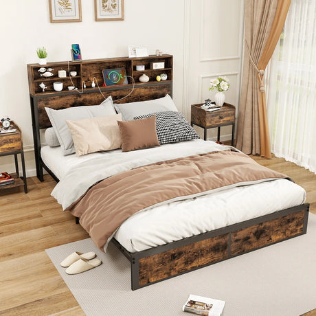 King Size Bed Frame with Charging Station and Storage Headboard-King Size