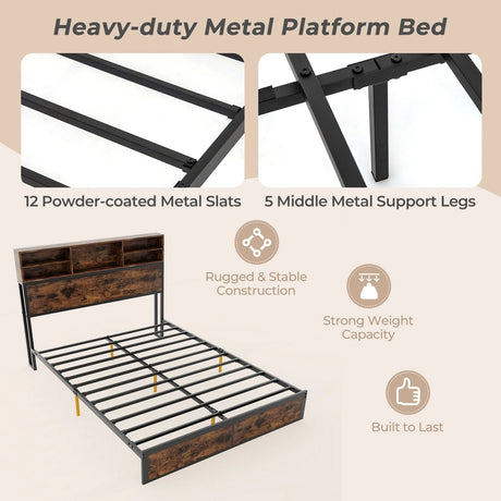 King Size Bed Frame with Charging Station and Storage Headboard-King Size
