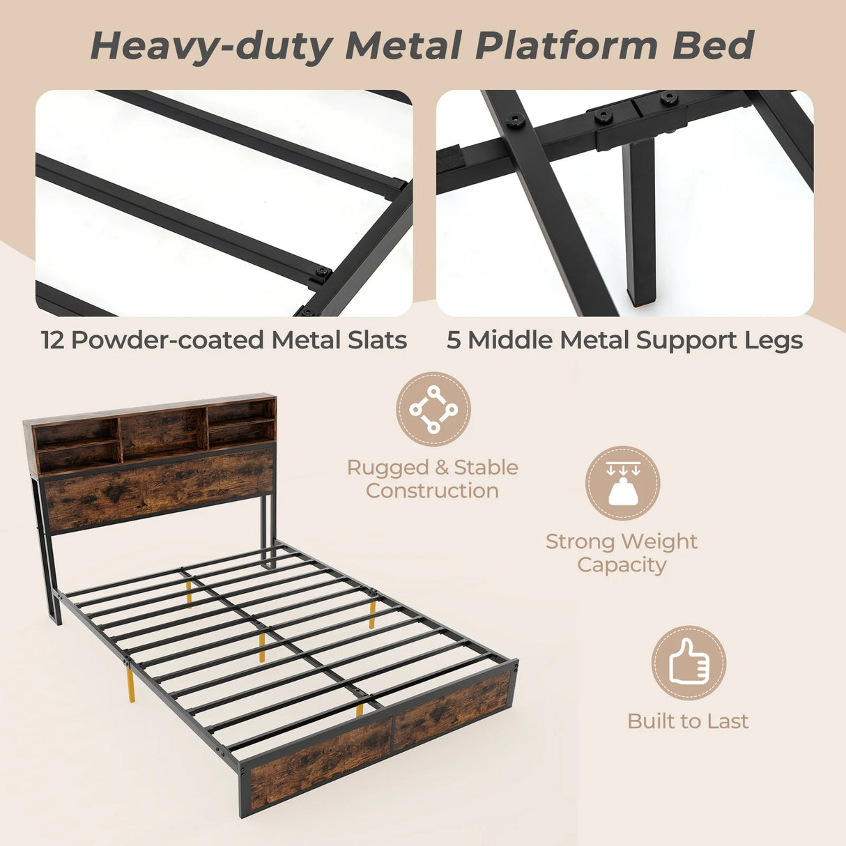 King Size Bed Frame with Charging Station and Storage Headboard-King Size