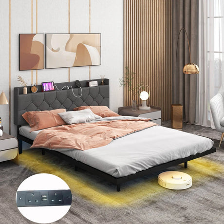 Double/King Size Floating Bed Frame with Adjustable Headboard and Charging Station-Grey-King Size