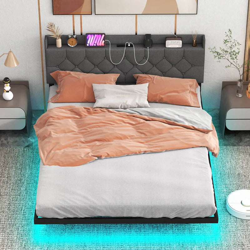 Double/King Size Floating Bed Frame with Adjustable Headboard and Charging Station-Grey-King Size