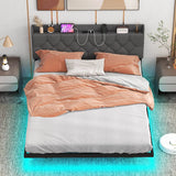 Double/King Size Floating Bed Frame with Adjustable Headboard and Charging Station-Grey-King Size