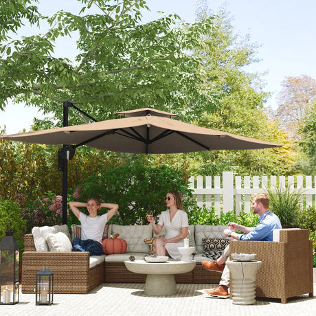 Outsunny 3.7 x 2.7 m Cantilever Parasol w/360 Rotation and Easy Tilt Adjustment, Aluminium Hanging Offset Outdoor Umbrella w/Double Top, Cross Base, UPF50+ Hanging Sun Shade, Black Pole