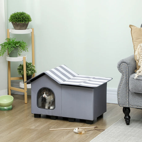 PawHut Outdoor Cat House, Weatherproof Feral Cat Cave with Elevated Base and Cushion for Winter, Grey