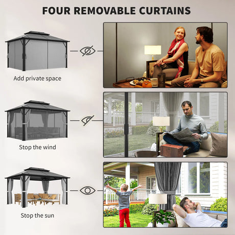 Outsunny 3 x 4m Hardtop Gazebo Canopy with UPF30+ Double Polycarbonate Roof, Aluminium Frame Garden Gazebo Permanent Pavilion with Mosquito Netting and Curtains for Patio, Deck, Grey