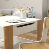 HOMCOM Three-Piece Kids Table and Chair Set with Blackboard, Storage, Bookshelves - Natural Wood