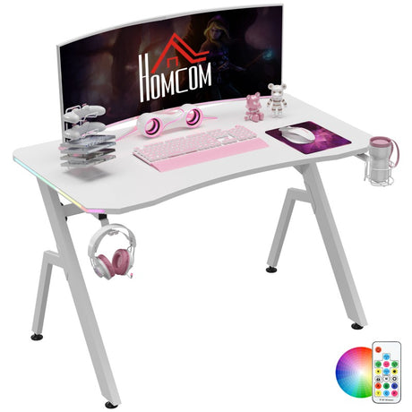 HOMCOM RGB 120 x 66cm Gaming Desk, Computer Table with Carbon Fibre Surface, Headphone Hook, Cup Holder, Controller Rack, Home Office Desk, White