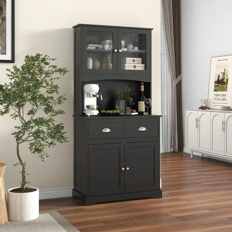 Kitchen Buffet Sideboard with Hutch 4 Doors Cupboard with Adjustable Shelves-Black