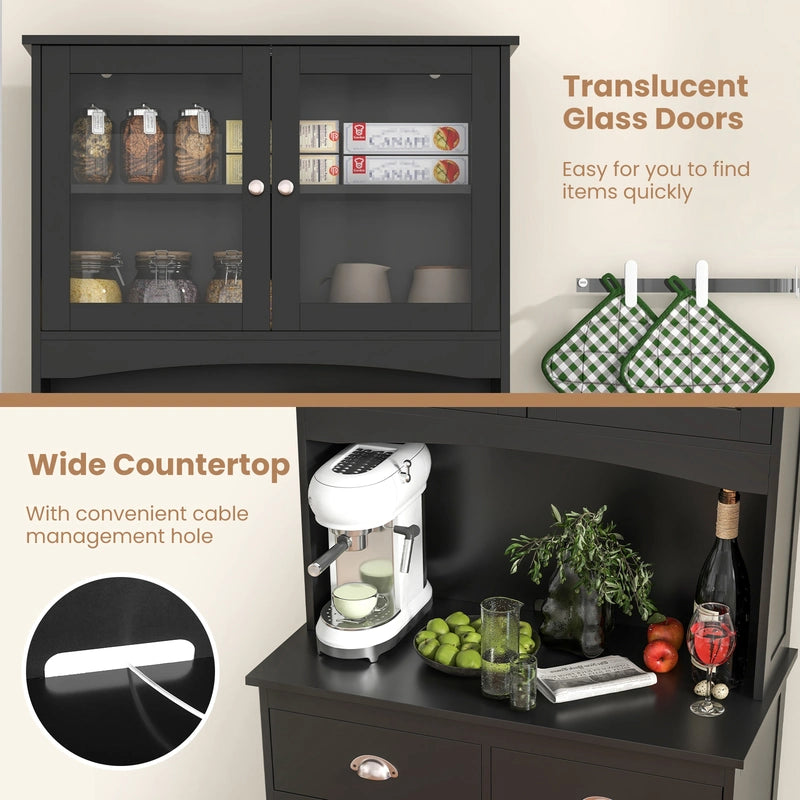 Kitchen Buffet Sideboard with Hutch 4 Doors Cupboard with Adjustable Shelves-Black