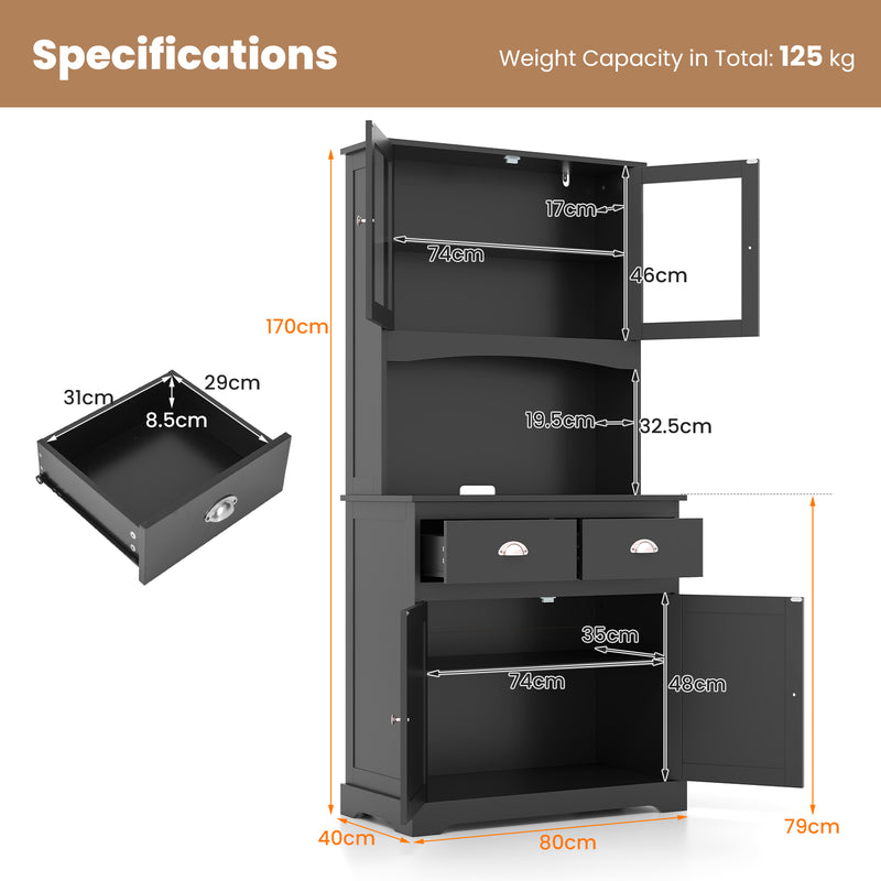 Kitchen Buffet Sideboard with Hutch 4 Doors Cupboard with Adjustable Shelves-Black