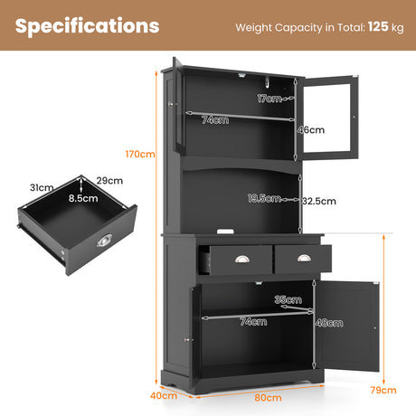 Kitchen Buffet Sideboard with Hutch 4 Doors Cupboard with Adjustable Shelves-Black