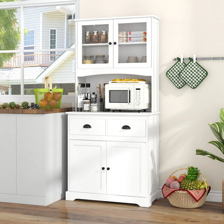 170cm Kitchen Sideboard with Hutch 4 Door Freestanding Cabinet with Tempered Glass Doors 3 Adjustable Shelves 2 Drawers White