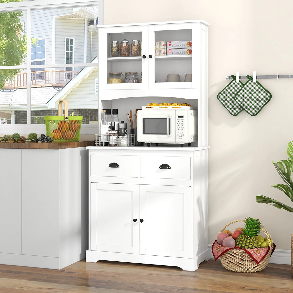 170cm Kitchen Sideboard with Hutch 4 Door Freestanding Cabinet with Tempered Glass Doors 3 Adjustable Shelves 2 Drawers White