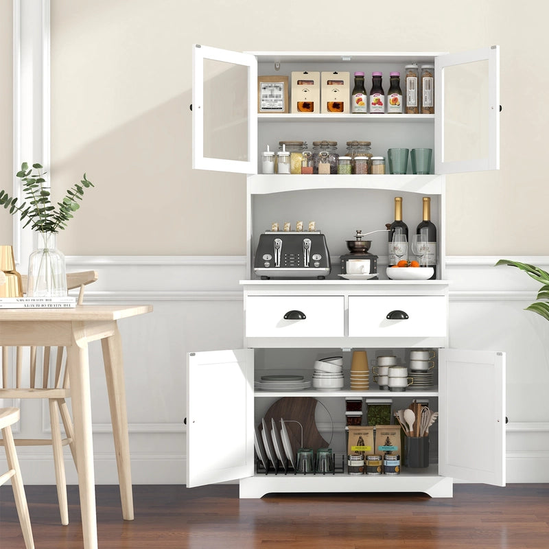 170cm Kitchen Sideboard with Hutch 4 Door Freestanding Cabinet with Tempered Glass Doors 3 Adjustable Shelves 2 Drawers White