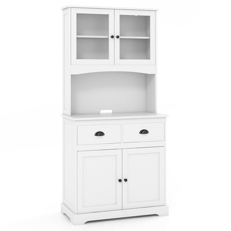 170cm Kitchen Sideboard with Hutch 4 Door Freestanding Cabinet with Tempered Glass Doors 3 Adjustable Shelves 2 Drawers White