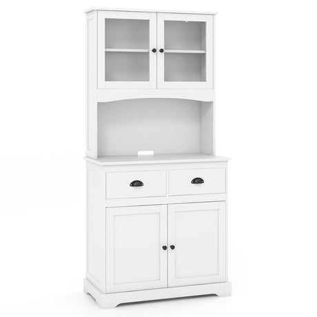 170cm Kitchen Sideboard with Hutch 4 Door Freestanding Cabinet with Tempered Glass Doors 3 Adjustable Shelves 2 Drawers White