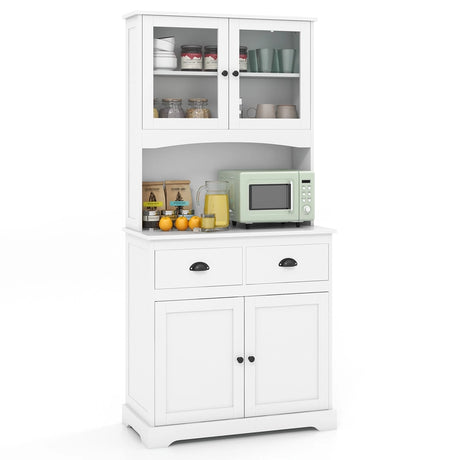 170cm Kitchen Sideboard with Hutch 4 Door Freestanding Cabinet with Tempered Glass Doors 3 Adjustable Shelves 2 Drawers White