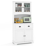170cm Kitchen Sideboard with Hutch 4 Door Freestanding Cabinet with Tempered Glass Doors 3 Adjustable Shelves 2 Drawers White