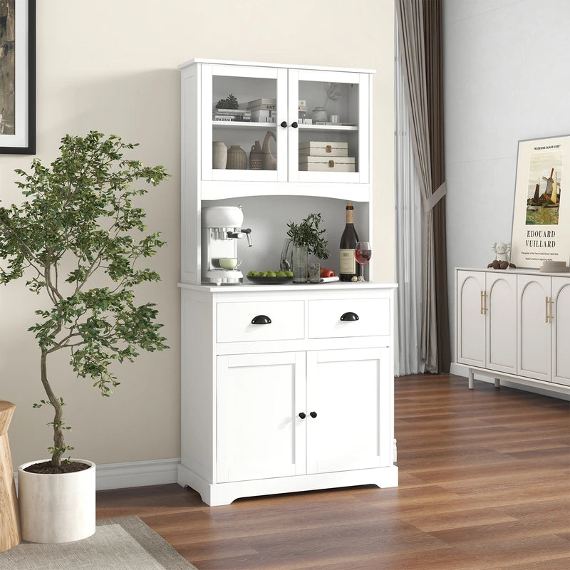 170cm Kitchen Sideboard with Hutch 4 Door Freestanding Cabinet with Tempered Glass Doors 3 Adjustable Shelves 2 Drawers White