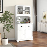 170cm Kitchen Sideboard with Hutch 4 Door Freestanding Cabinet with Tempered Glass Doors 3 Adjustable Shelves 2 Drawers White