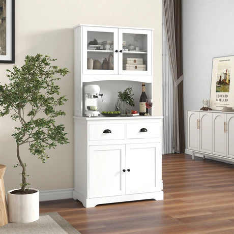 170cm Kitchen Sideboard with Hutch 4 Door Freestanding Cabinet with Tempered Glass Doors 3 Adjustable Shelves 2 Drawers White