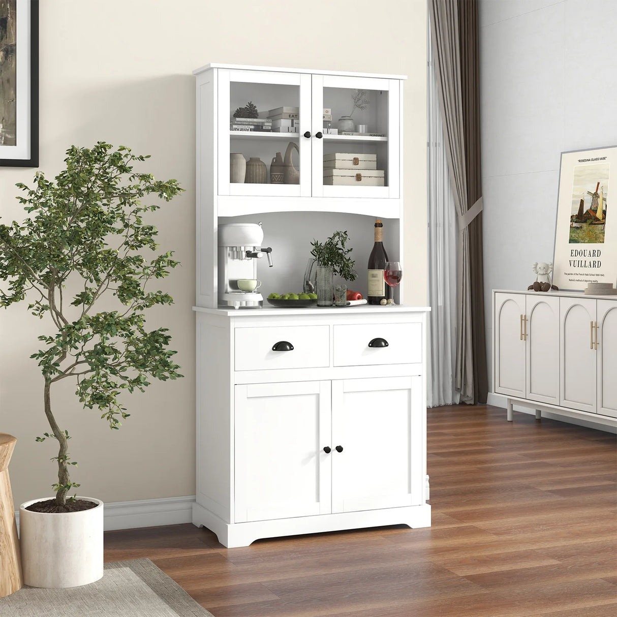 170cm Kitchen Sideboard with Hutch 4 Door Freestanding Cabinet with Tempered Glass Doors 3 Adjustable Shelves 2 Drawers White
