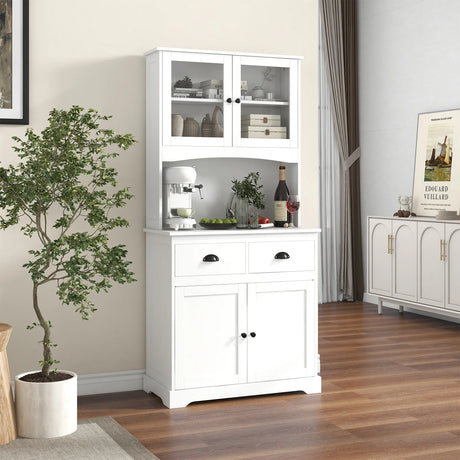 170cm Kitchen Sideboard with Hutch 4 Door Freestanding Cabinet with Tempered Glass Doors 3 Adjustable Shelves 2 Drawers White