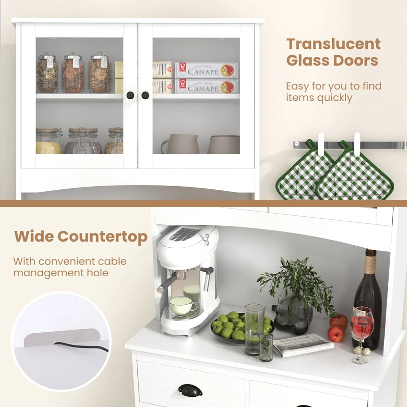 170cm Kitchen Sideboard with Hutch 4 Door Freestanding Cabinet with Tempered Glass Doors 3 Adjustable Shelves 2 Drawers White