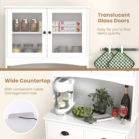 170cm Kitchen Sideboard with Hutch 4 Door Freestanding Cabinet with Tempered Glass Doors 3 Adjustable Shelves 2 Drawers White