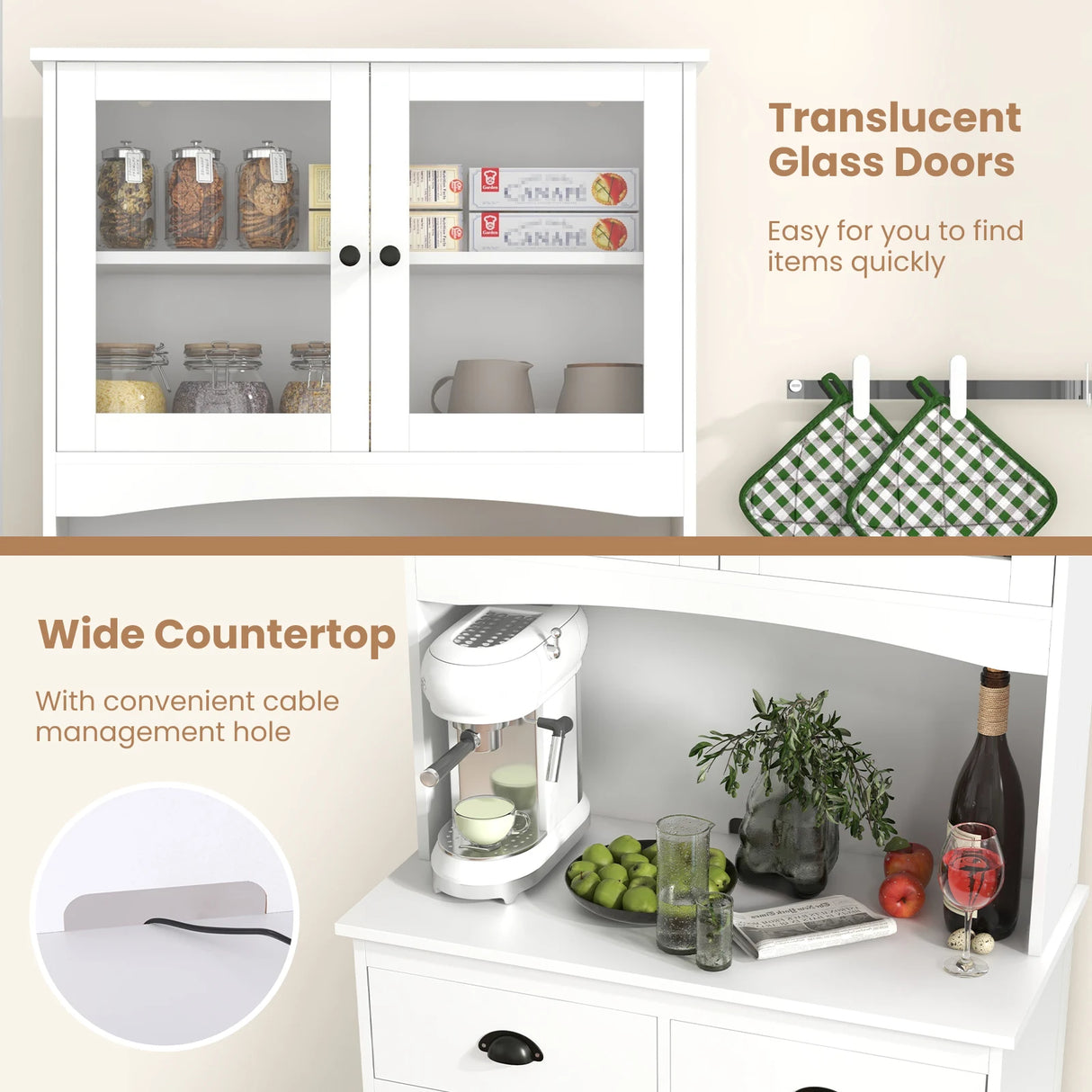 170cm Kitchen Sideboard with Hutch 4 Door Freestanding Cabinet with Tempered Glass Doors 3 Adjustable Shelves 2 Drawers White